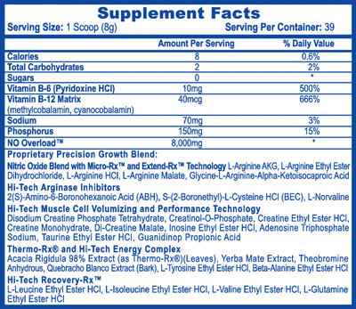 hi tech pharmaceuticals n.o overload 310 g ingredient label