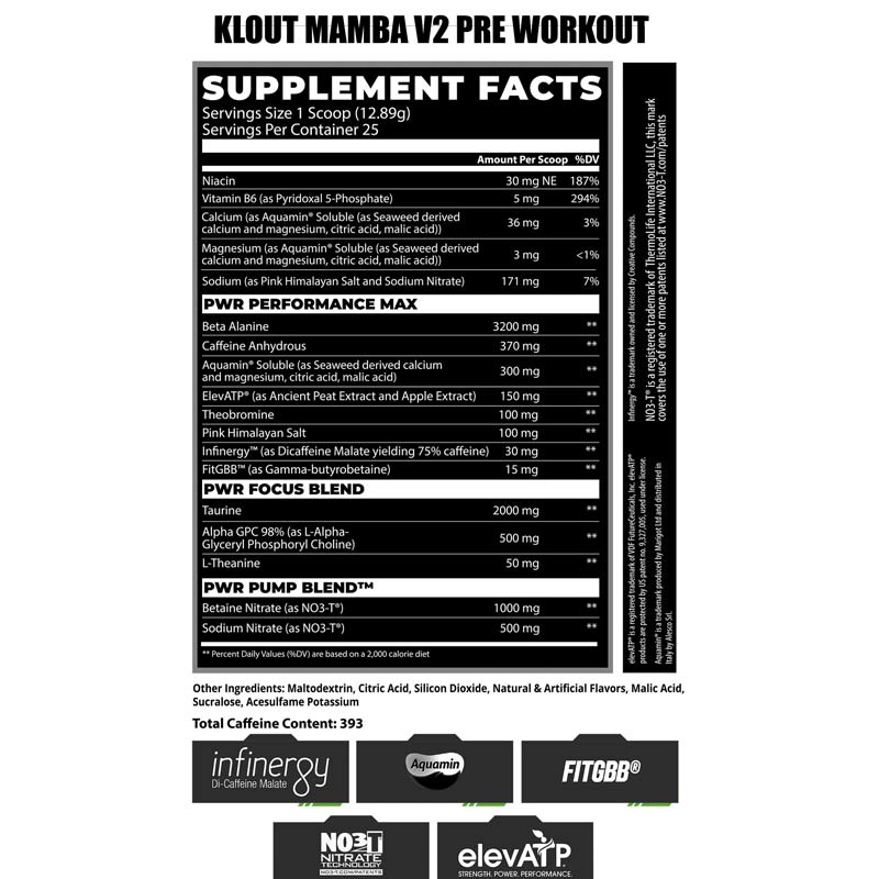 Mamba Pre Workout ingredient label