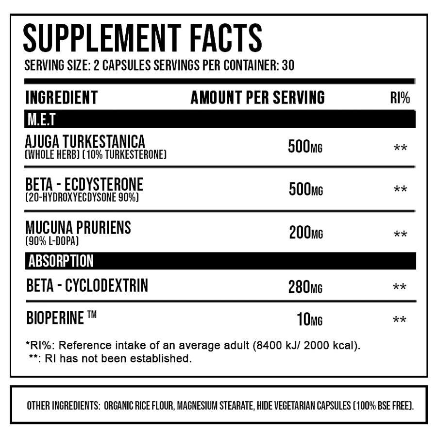 dna sports alpha m.e.t (plant based muscle builder) 60caps ingredient label
