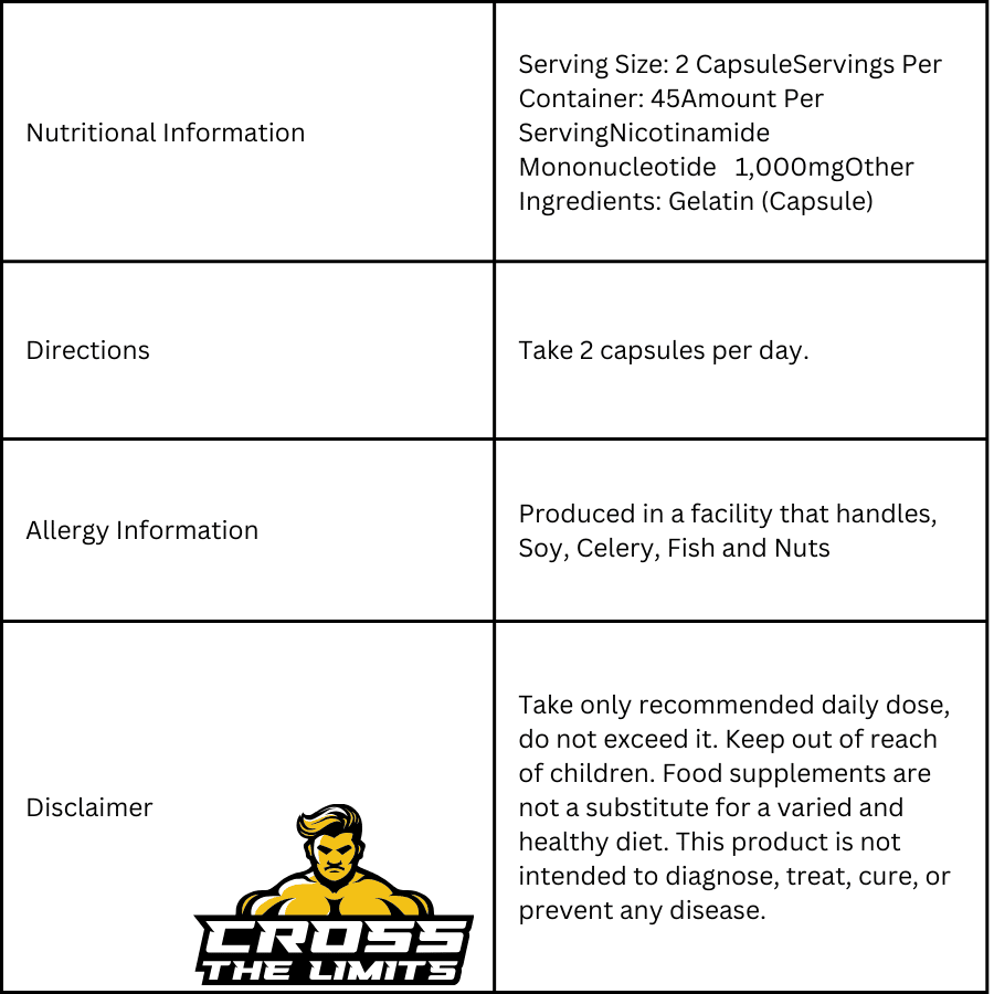 Pure NMN (Nicotinamide Mononucleotide) - Cross The Limits ingredient label