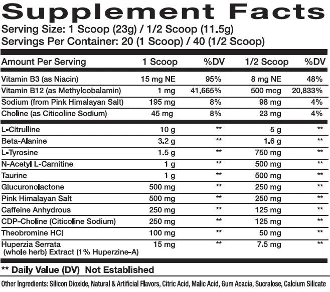 MVPre 365 Pre Workout ingredient label