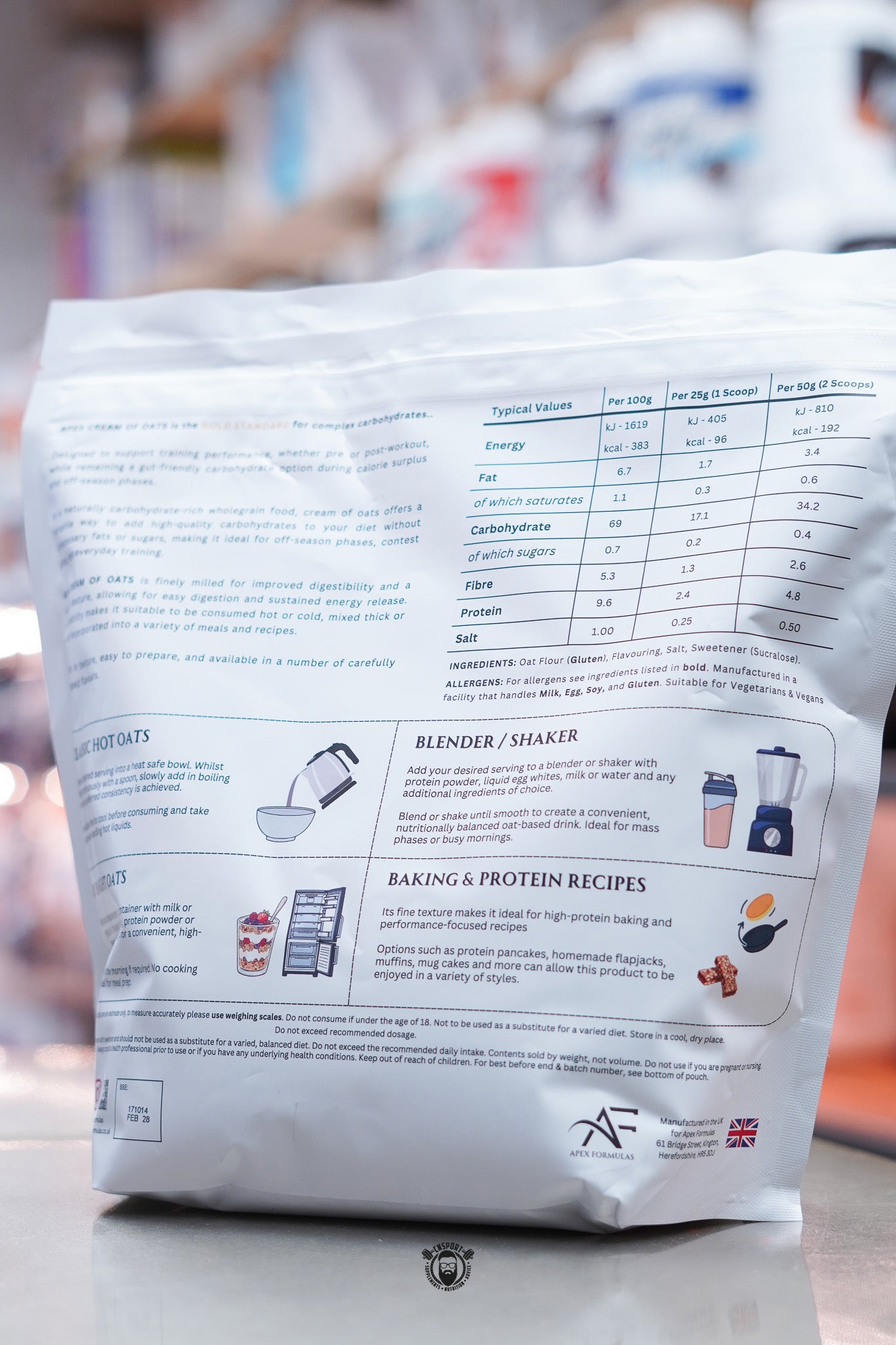 Apex Formulas - Cream of Oats - 2 kg ingredient label
