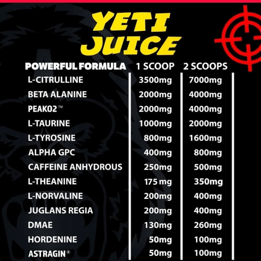 Yeti Juice Pre Workout ingredient label