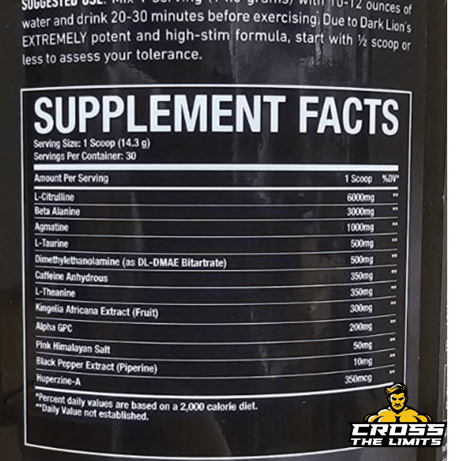 Dark Lion – Pre-Workout 30 Servings ingredient label