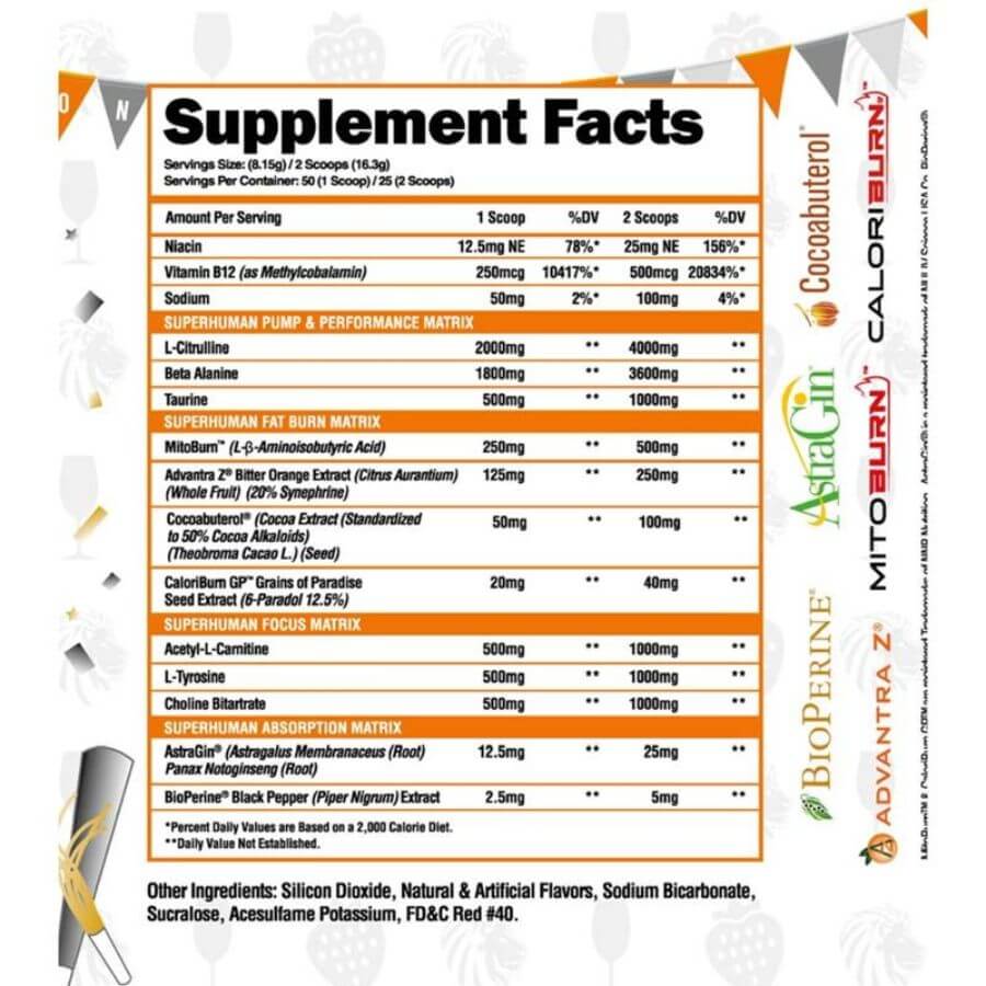 alpha lion superhuman burn - stim free 310g ingredient label
