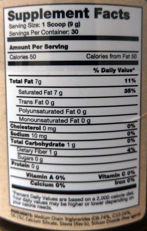 Keto MCT powder 270g ingredient label