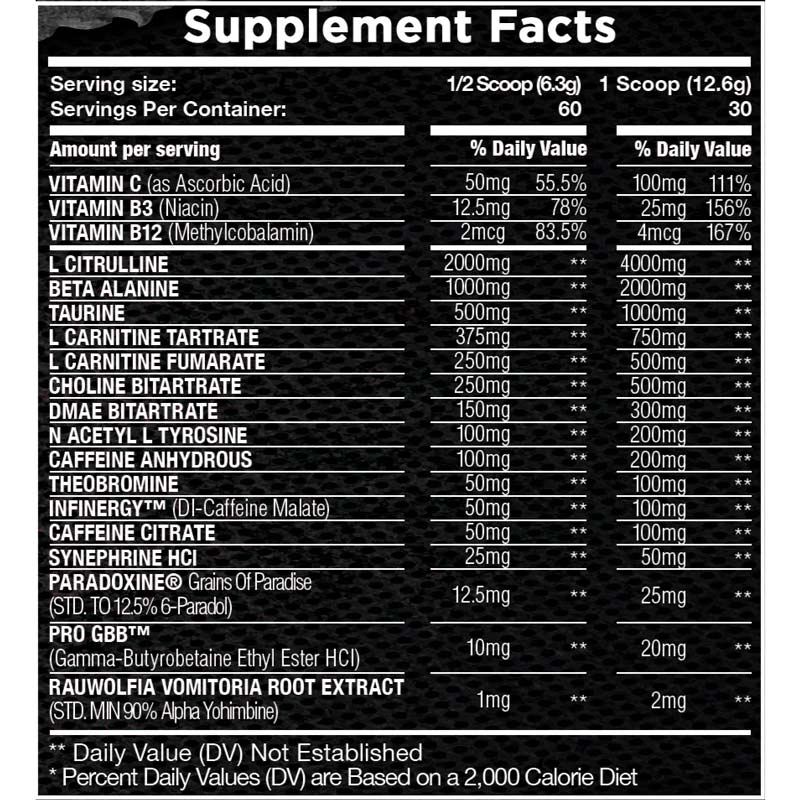 Street Series Pre Workout ingredient label