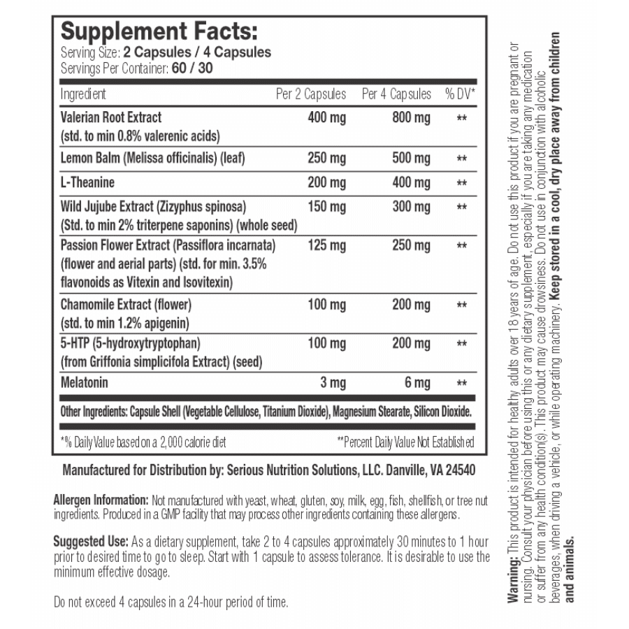 sns sleep assist xt – 120 caps ingredient label
