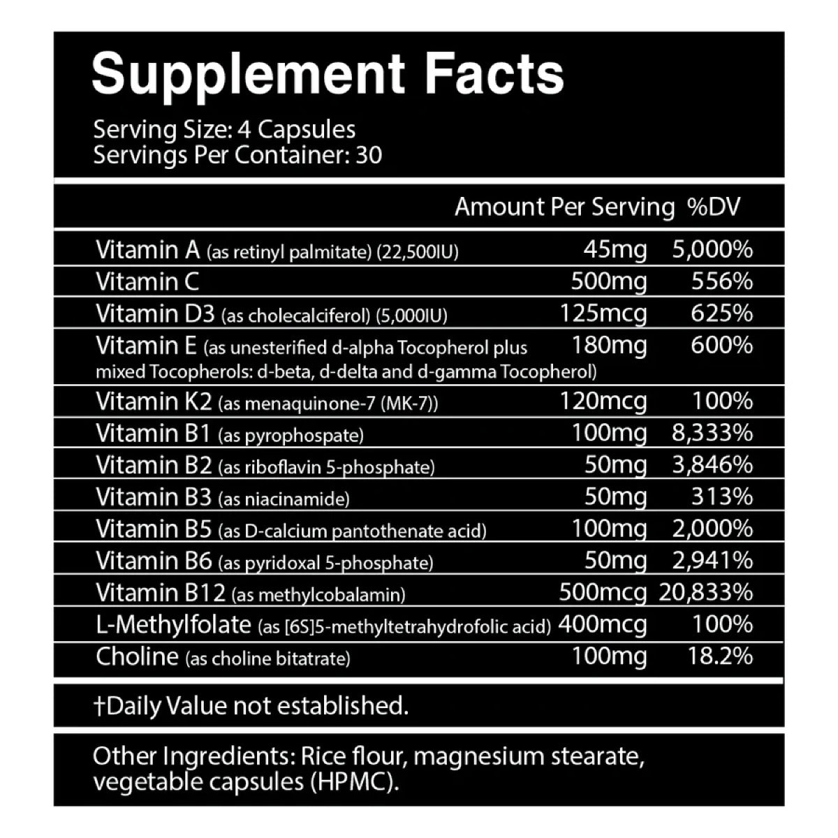 Vitality Multi-Vitamin ingredient label