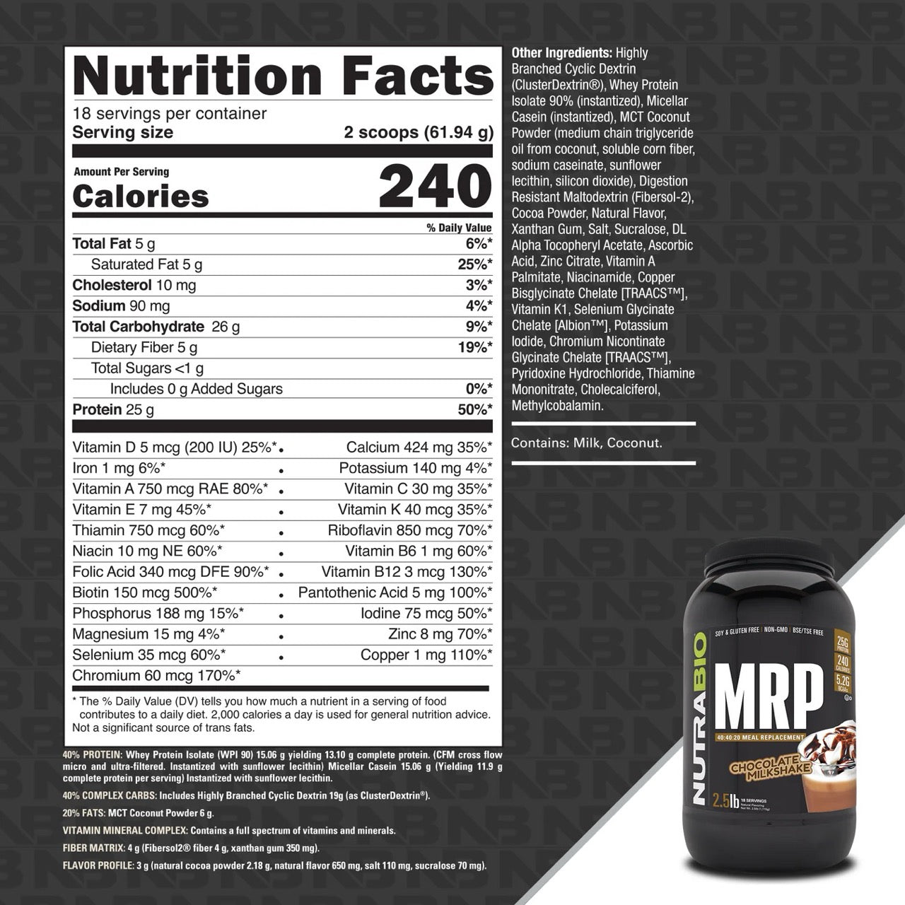 NutraBio MRP-Meal Replacement Protein ingredient label